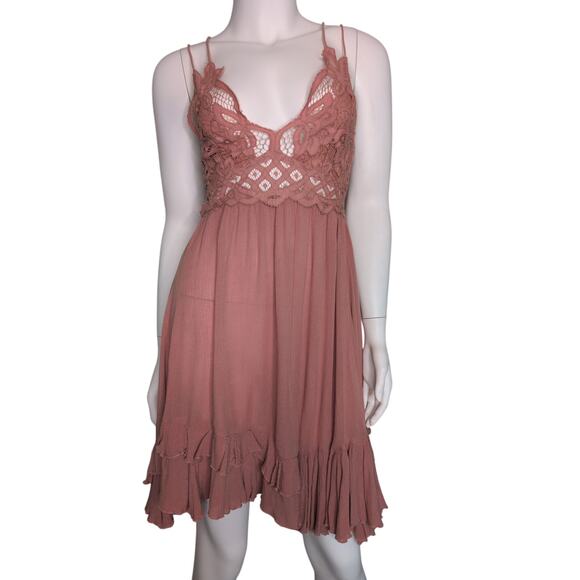 Free People FP One Dress Adella Mini Slip Women Small Lace Strappy Pink Ruffle - Picture 1 of 7